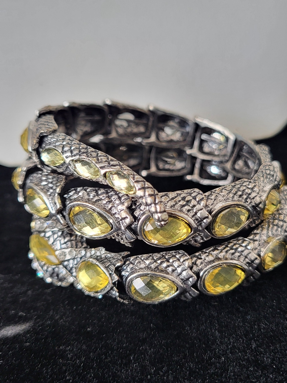 Vintage Expandable Silver Snake-Egyptian Style Bracelet with Yellow Gems